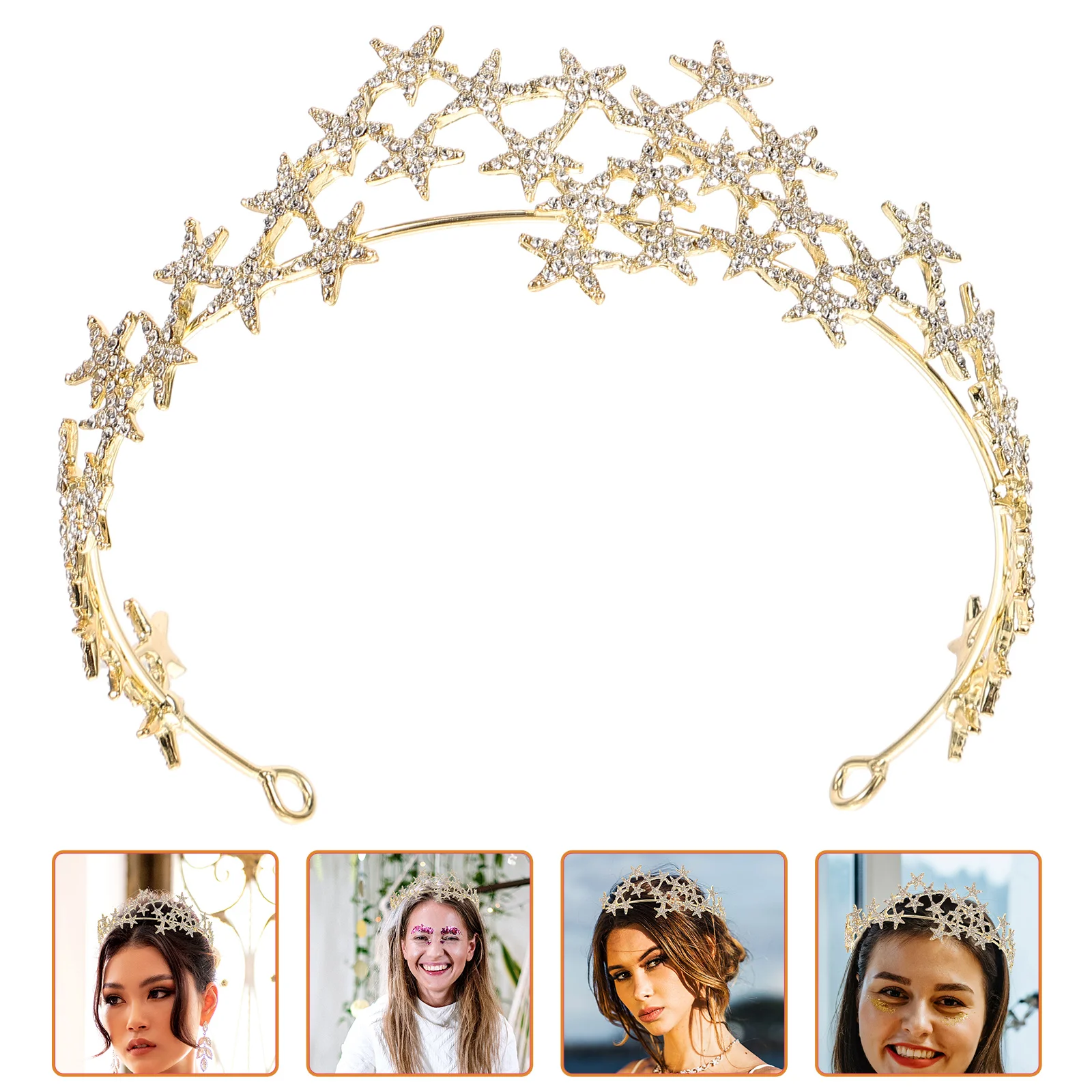 

Star Tiara Crown Headwear Pentagram Hair Hoop Women Bridal Rhinestone Decor Wedding Party Accessories Gold Color