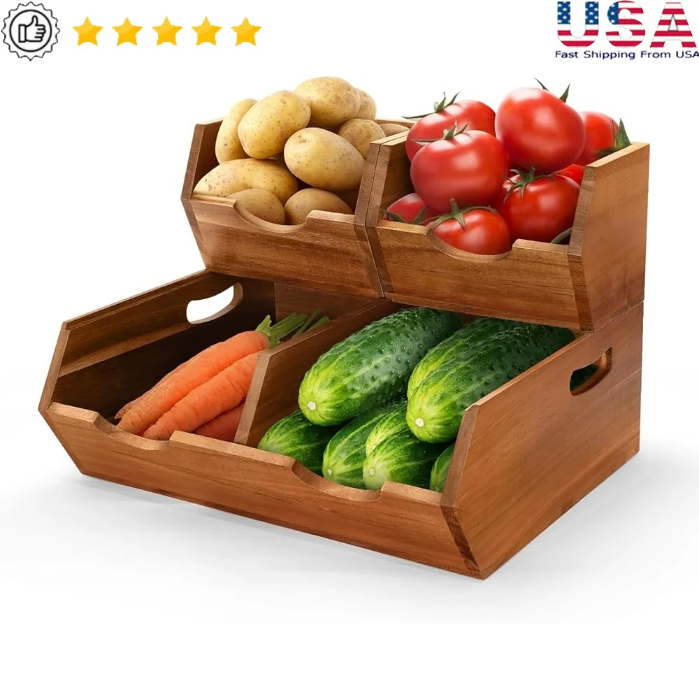 

3 in 1 Acacia Wood Pantry Storage Bins Stackable Vegetable Fruit Baskets Installation Free Durable Kitchen Organizer Bin Potato