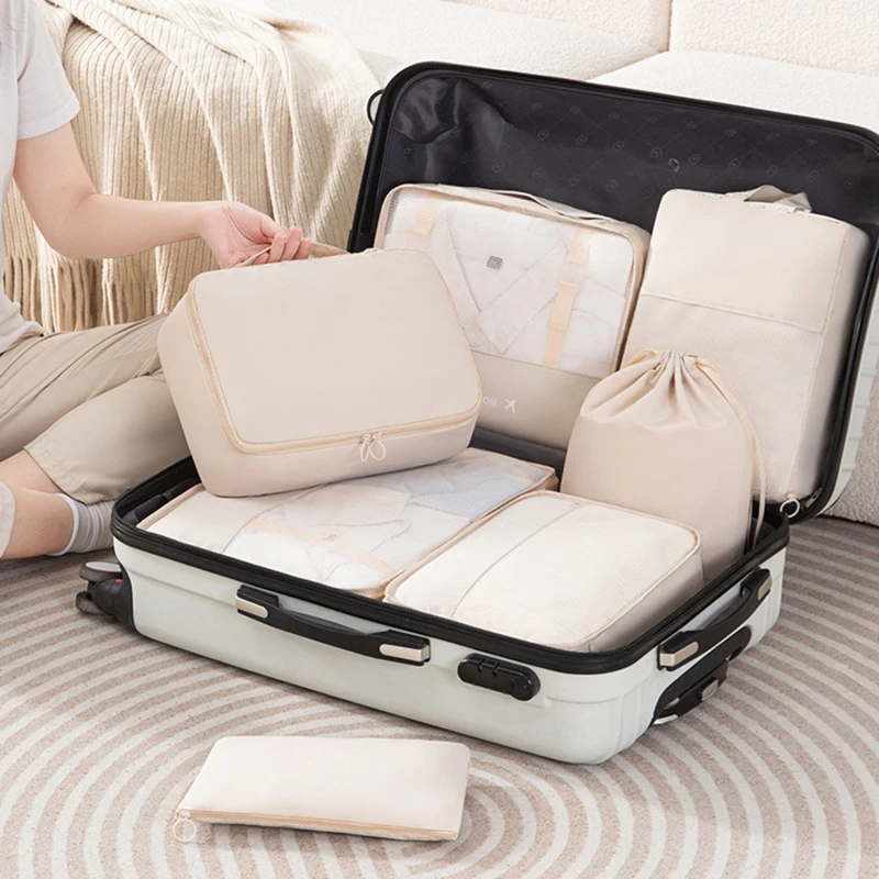 

7PCS Compressed Travel Storage Organizer Set With Shoe Bag Mesh Visual Luggage Portable Packing Cubes Lightweight Suitcase Bag