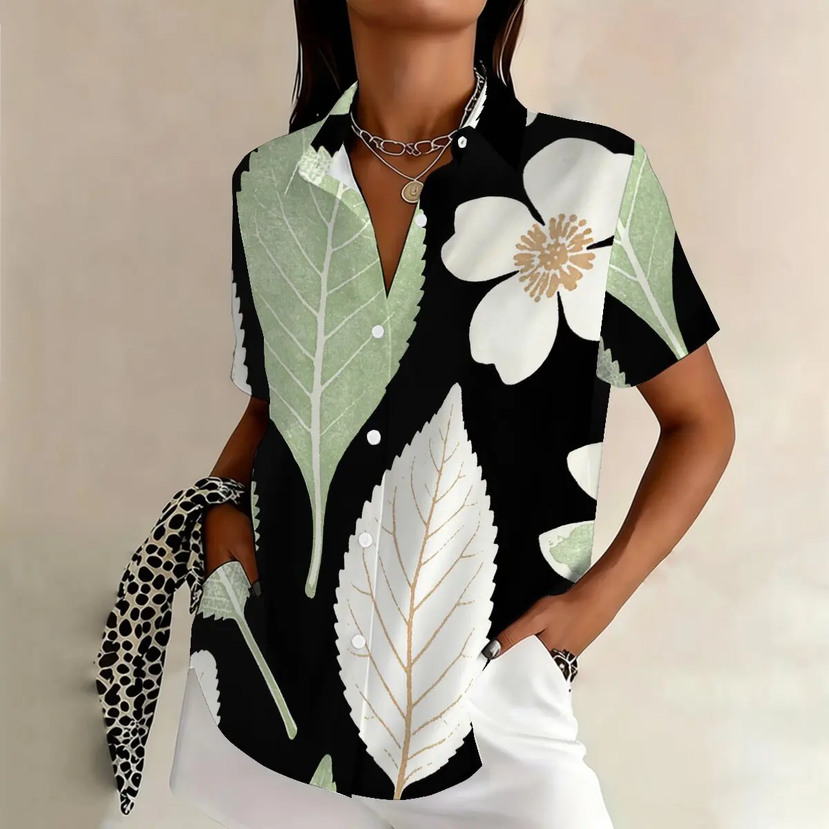 

Summer women's plus-size short-sleeve shirt, minimalist plant pattern,suitable for vacation,leisure,gatherings and daily outings