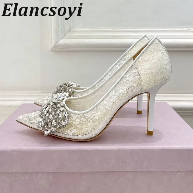 Wedding Shoes Pointed Toe Lace Shallow Mouth Thin High Heels Single Shoes Spring Autumn Women Rhinestone Decor Sexy Dress Shoes