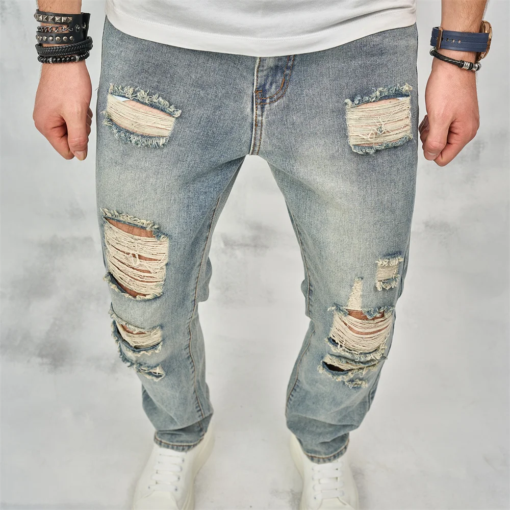 Streetwear Men Spring Loose Holes Distressed Straight Jeans Pants Stylish Retro Male Casual Denim Trousers