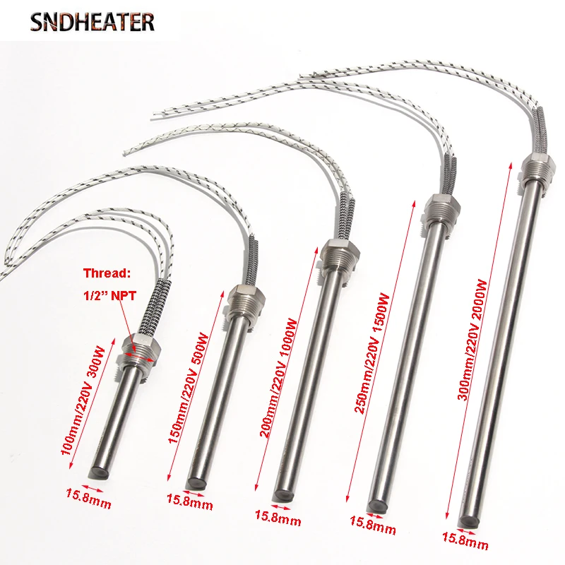 SNDHEATER 220V G1/2 NPT Thread Electric Cartridge Heater DN15 15.8x100-300mm Factory Tubular High Power Heating Rod with Nut