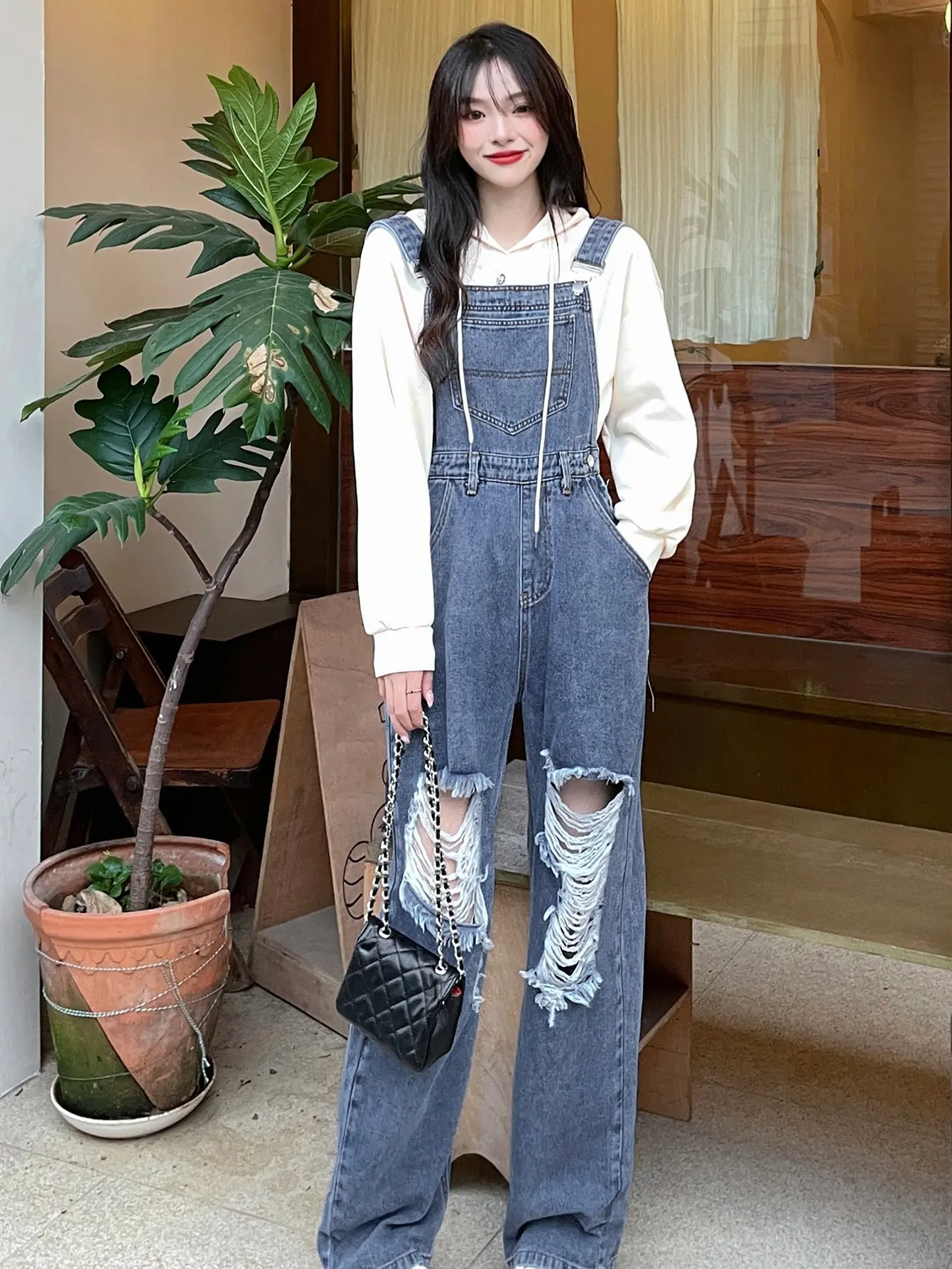 Dongdaemun coreano verano americano High Street Retro Ripped Denim monos sueltos adelgazantes aspecto mono pantalones para mujeres