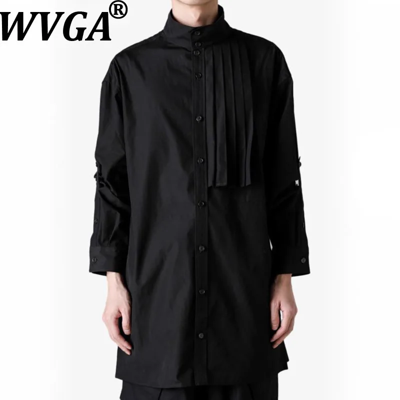 WVGA printemps automne nouveau homme marée col montant plissé à la mode longue chemise en coton Niche Chic décontracté réglable haut Ins W12988