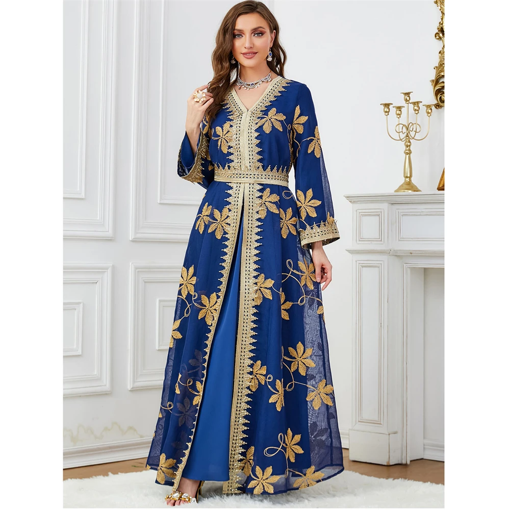 

Morocco Party Dress Muslim 2 Piece Set Women Abaya Embroidery Lace Gown Kaftan Turkey Arab Long Robe Vestidos Dubai Maxi Dresses