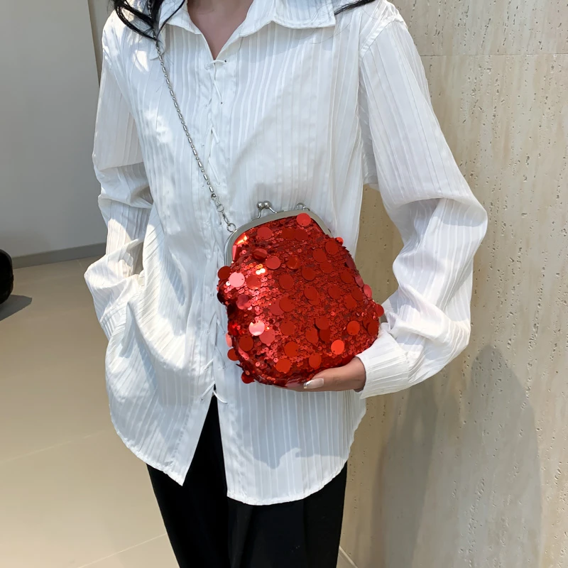 

New Sequin Women's Shoulder Bag Designer Fashion Chain Crossbody Bags Metal Clip Lipstick Female Summer Dinner Bag