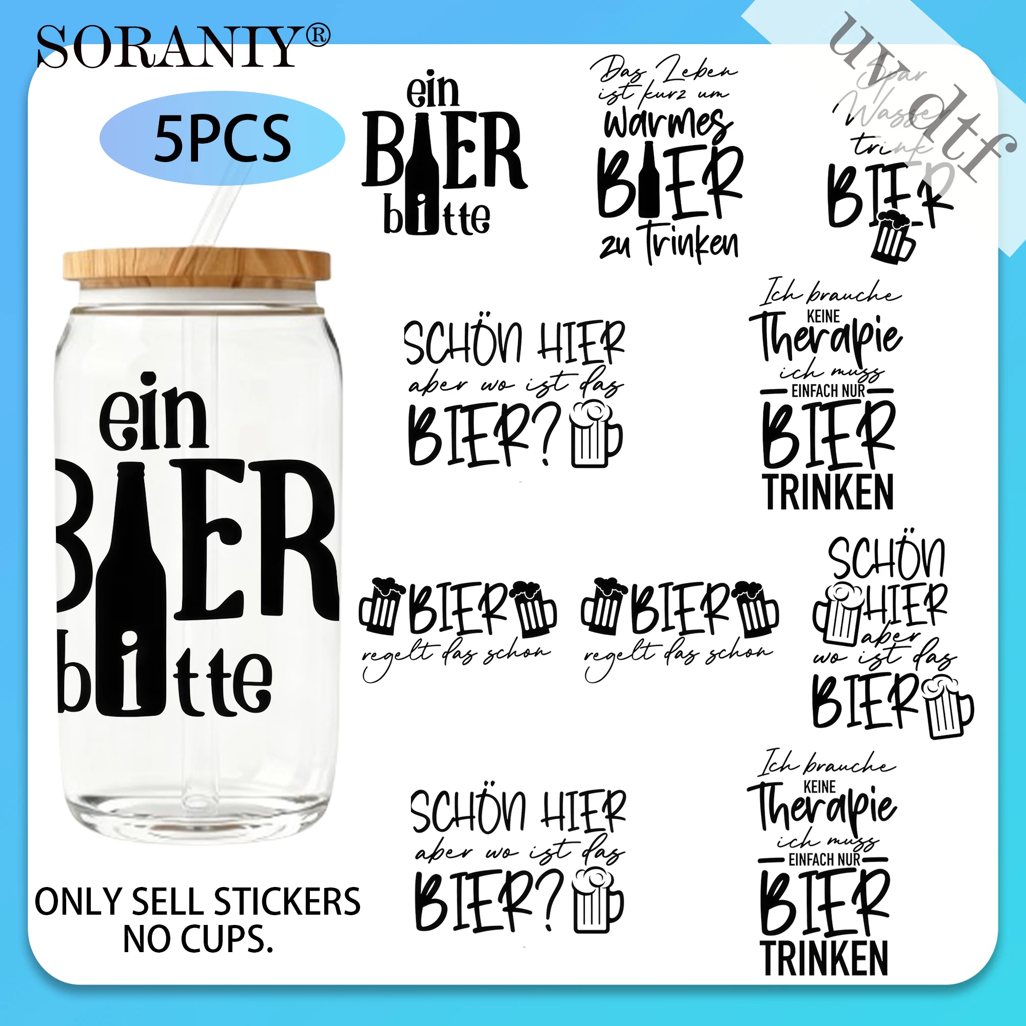UV DTF 16OZ DIY Transfer Stickers - 5 Pieces/Set German Wine Quotes  Theme 16 Oz Glass Jar Packaging Transfer Decorative Paper U