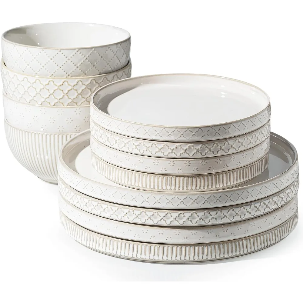 

Getstar Dinnerware Sets, Plates and Bowls Sets (10.5” Dish + 8” Dish + 6” Bowl) for 4, Microwave Dishwasher Safe, 12 PCS Ceramic