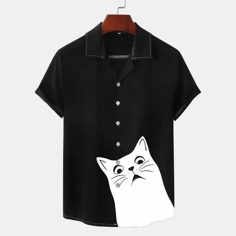 

Cute kitten print men's shirt Hawaiian beach casual men's lapel top comfortable men's short-sleeved shirt 2024 new style