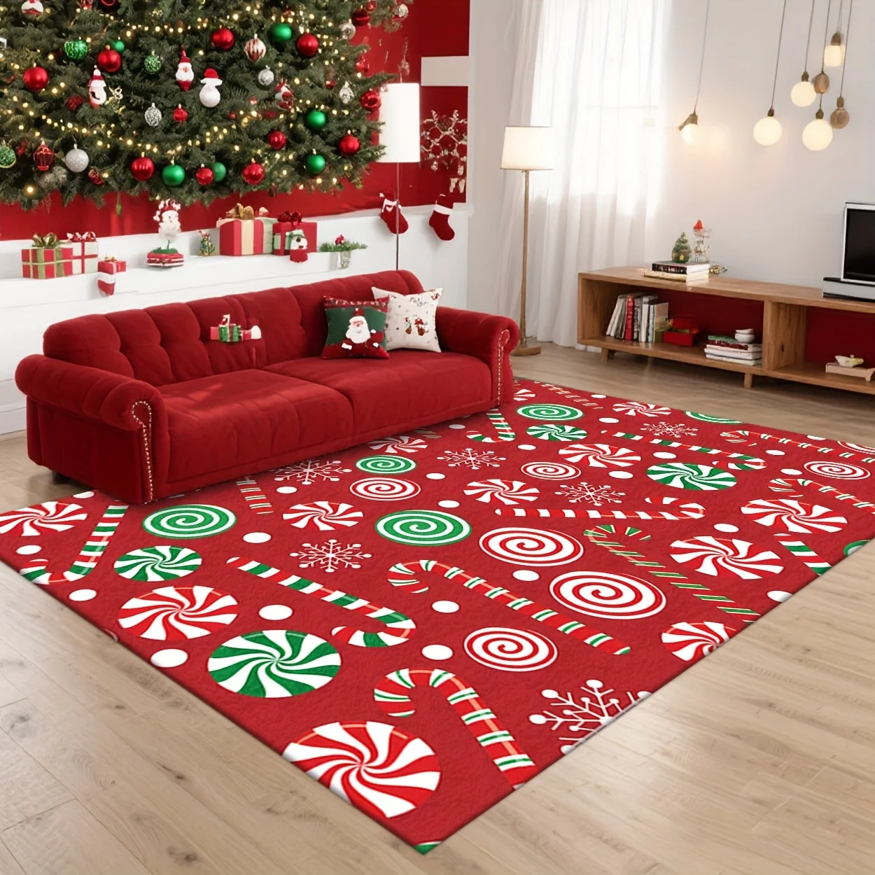 Christmas Candy Cane Peppermint Printed Area Rug, 2D Flat Design, Holiday Decor Floor Mat for Entryway, Living Room, Bedroom