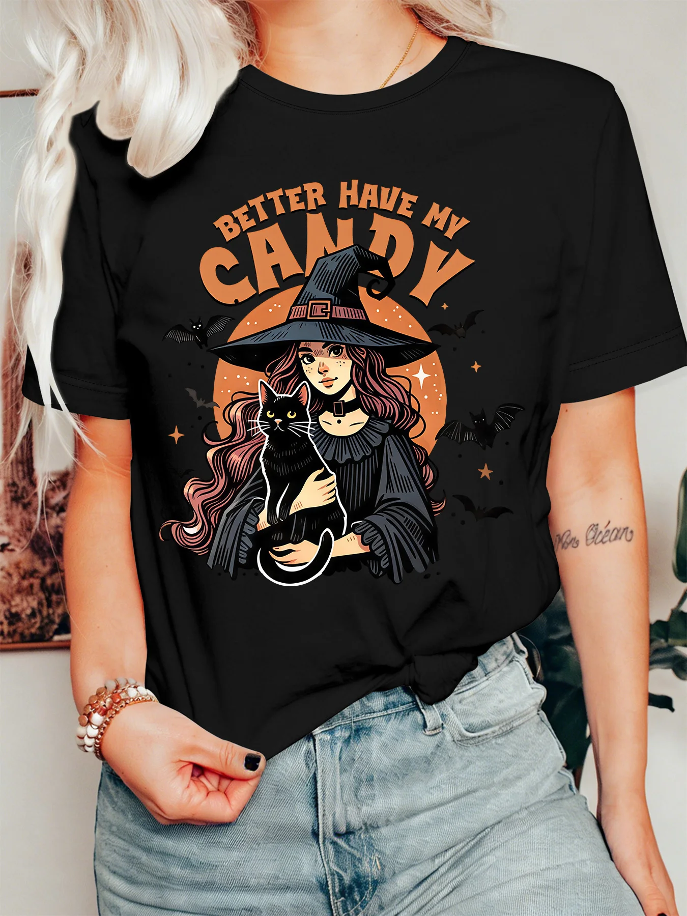 Halloween Witch Holding Black Cat Womens Crew Neck Short Sleeve T Shirt Spooky Bat Candy Quote Casual Graphic Tees For Ladies