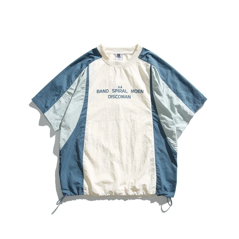 Quick Dry Loose Fit Summer Color Blocking Short Sleeve Blue Casual T-Shirt Men's Thin INS Trendy Top Street Style Crew Neck Tee