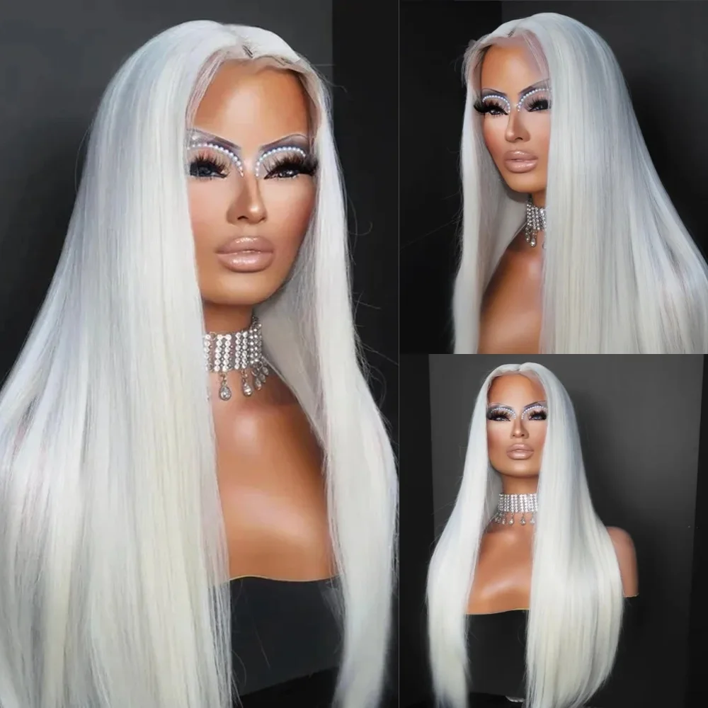 

Soft Preplucked Pure White Straight Wigs 30 Inch 180 Density Synthetic 13x4 Lace Front Wig With Baby Hair Glueless Daily Wigs
