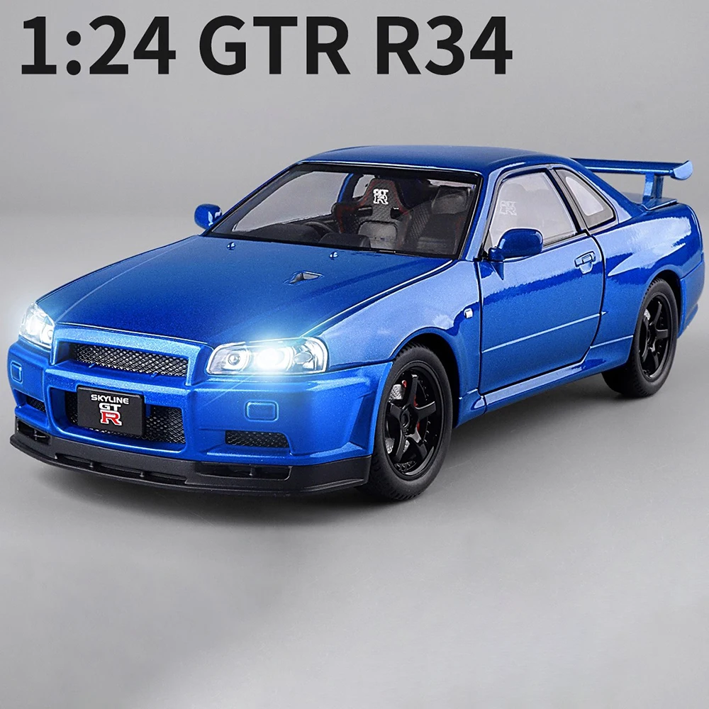 Scala 1:24 GTR R34 R35 Modello di auto sportiva Porte giocattolo Aperte Musica leggera Tirare indietro Modelli di veicoli di simulazione Regali pressofusi in lega