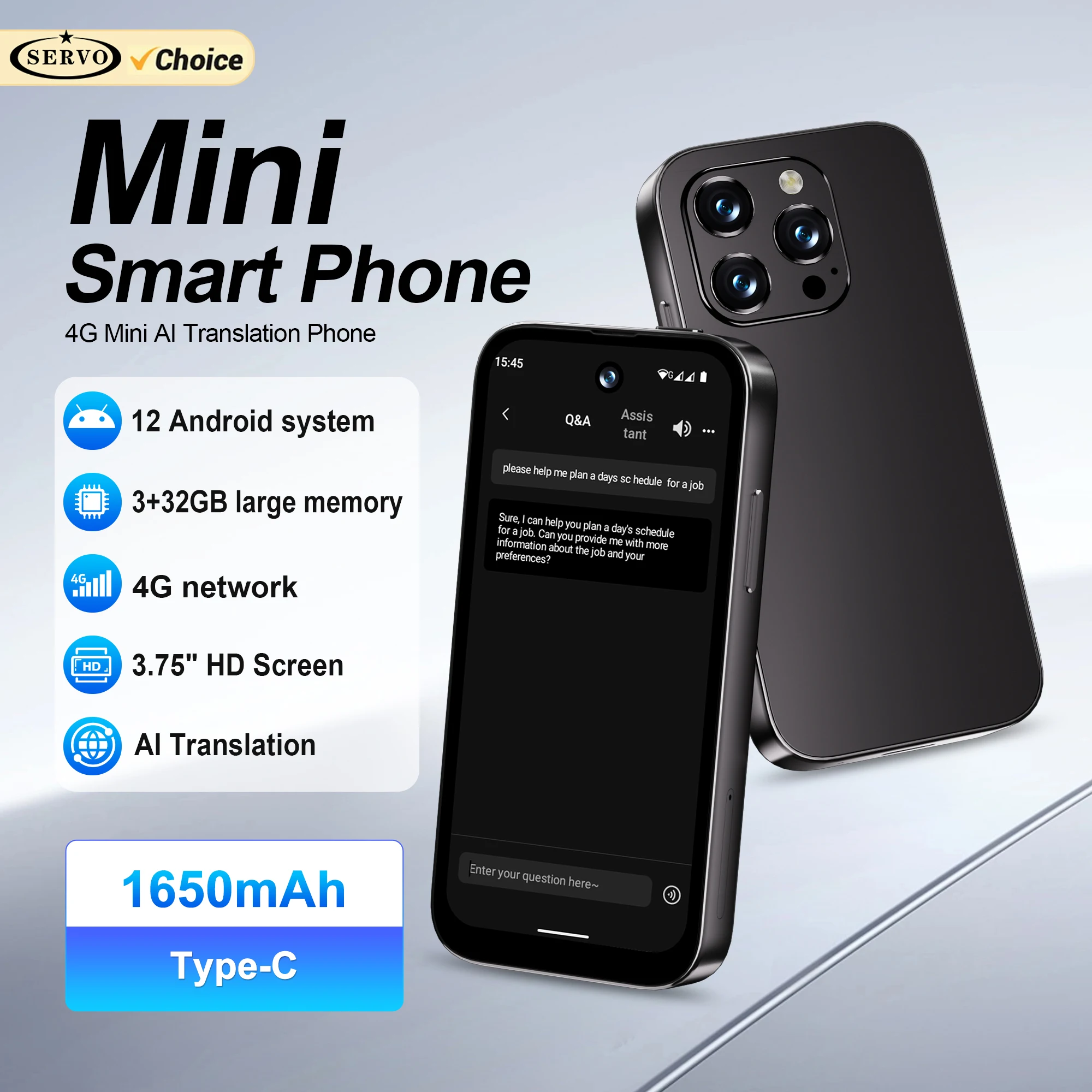 SERVO A1 PRO 4G LTE Mini Smartphone AI Translator Android OS 3GB+32GB Google Play WhatsAPP WiFi Hotspot 3.75