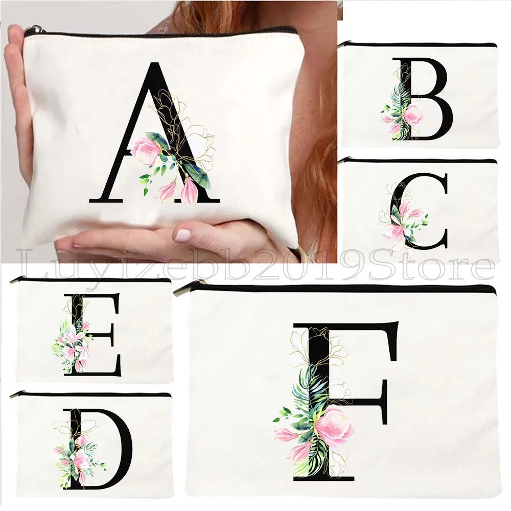 

Pretty Flower Black Initial Letter A to Z Floral Monogram Alphabet Canvas Cosmetic Makeup Toilet Bag Pencil Case Zipper Pouch
