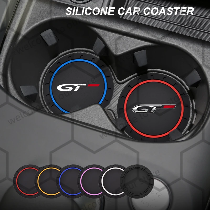 

2pcs For GT Line 3008 407 107 308 206 301 306 307 508 Emblem Car Coaster Water Cup Slot Non-Slip Pad Auto Interior Accessories