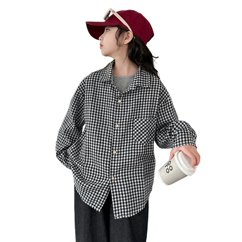

Kids Long Sleeve Shirts 5 To 14 Years Autumn Girl Vintage Black White Plaid Shirt Casual Turn Down Collar Blouse Children Tops