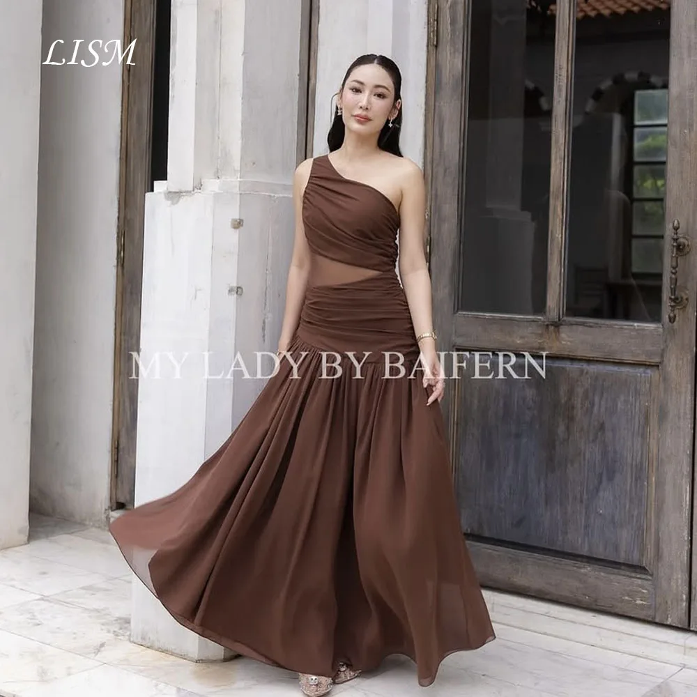 LISM marrón un hombro largo A-Line vestidos de graduación fiesta de boda vestidos de noche de gasa de seda personalizado bata de velada fiesta Formal
