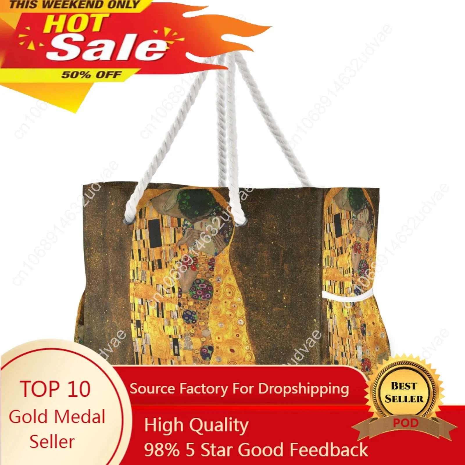 

New Fashion Nylon Women Handbag Summer Beach Bag Large Capacity Tote Bag The Kiss By Gustav Klimt Print Shoulder Bag For Women