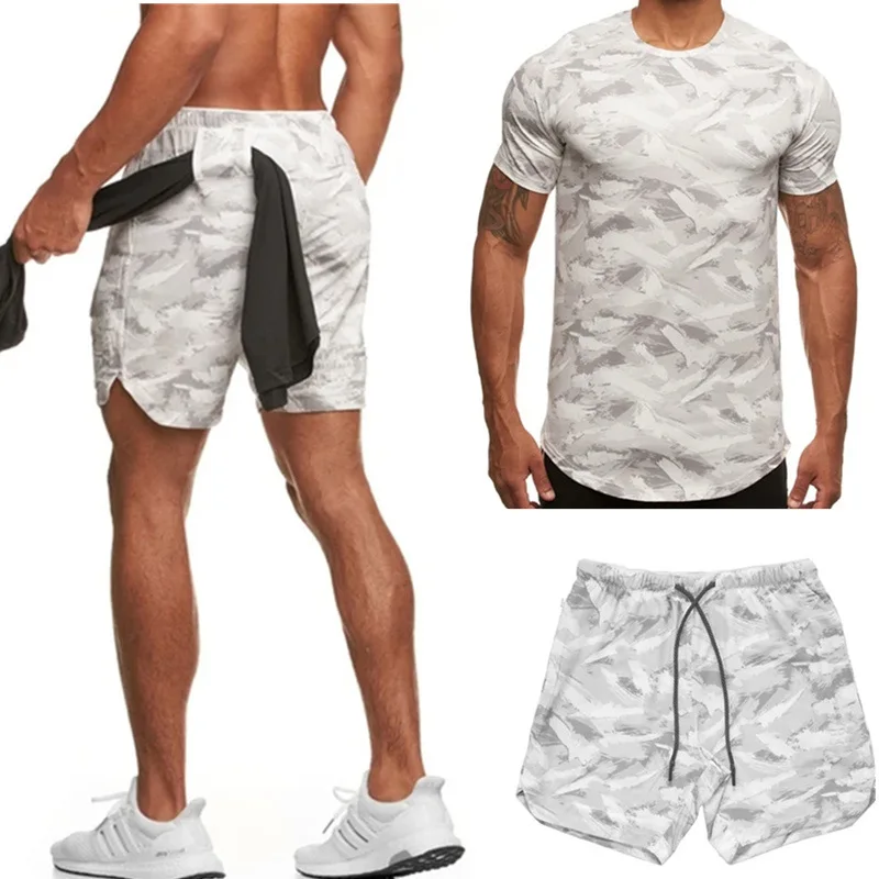 2024 Muscular men popular short-sleeved suit summer new fitness running casual camouflage sportswear two-piece set