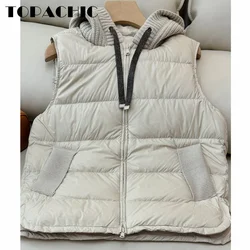 9.5 TOPACHIC-Women Clothes Fashion Beadig Chain Lace-up Zipper Vest Outerwear Goose Down Spliced Knit Hooded Pocket Short Vest