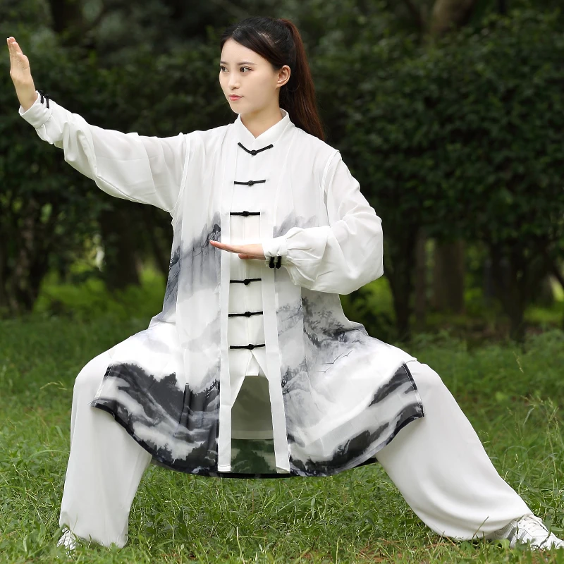 White Tai Chi Uniforms Traditional Chinese Martial Arts Exercise Clothing Long Sleeve Wingchun Suit Unisex Kungfu Uniform V3062