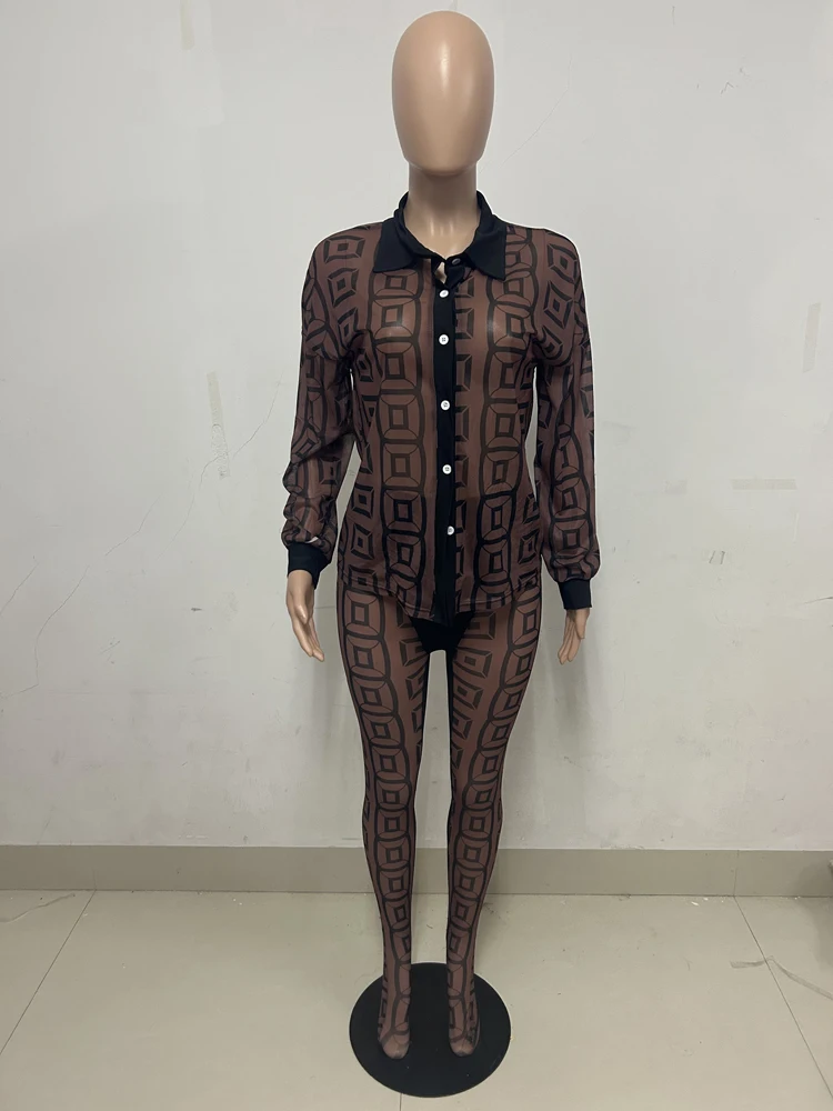 Sexy Mesh See Through Women 2 Piece Outfit Sets 2025 New Female Streetwear Clothing Long Sleeve Crop Top and Skiny Pants Suits