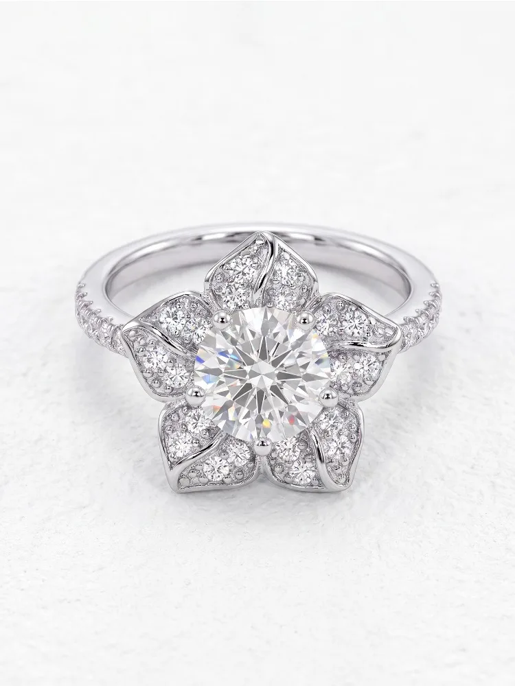Echter 1ct zertifizierter Moissanit-Diamant, personalisierter Blumenring für Damen, Dating, 925 Sterling Silber, hochwertiger Schmuck – Detail 5