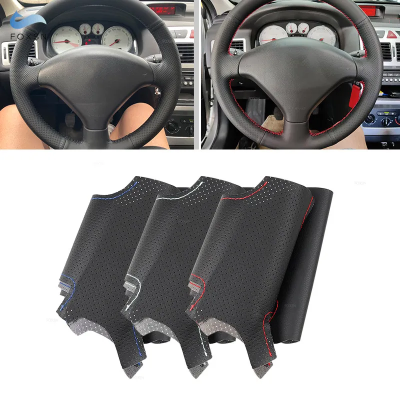 Soft Perforated Leather Cover For Peugeot 307 CC 407 SW 2004 2005 2006 - 2009 Hand Sewing Steering Wheel Cover Protection Trim