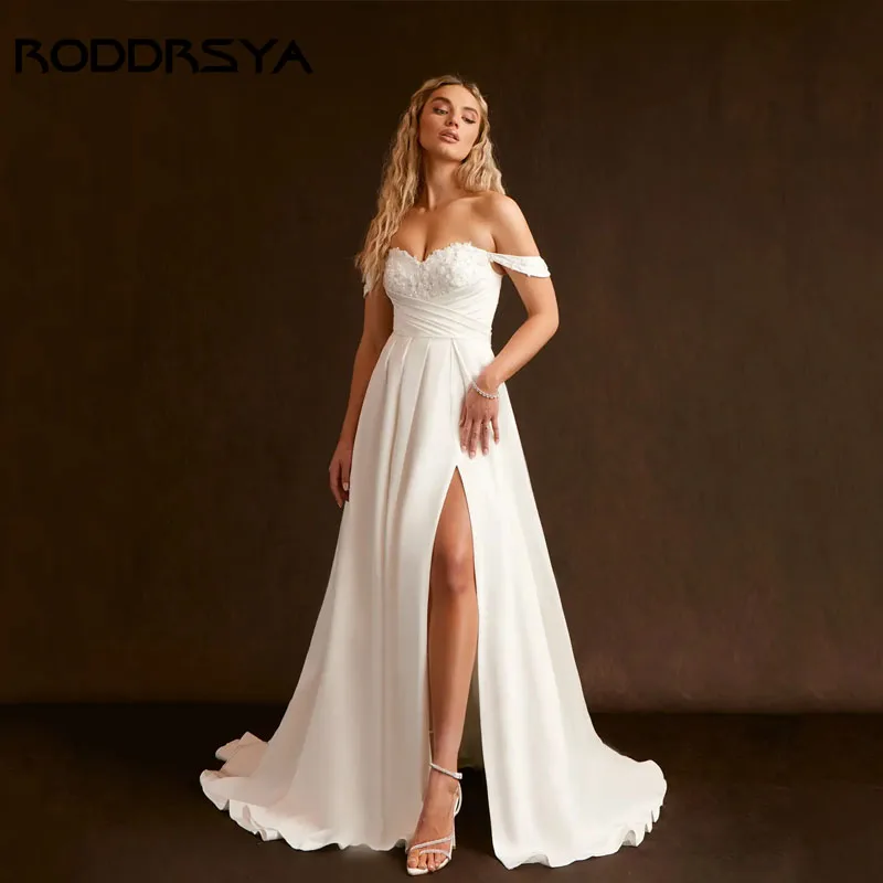 RODDRSYA A Linha Querida Vestido de Casamento Fora Do Ombro Apliques de Cetim Vestido de Noiva Renda Fenda Vestido de Novia Personalizar RODDRSYA A Linha Querida Vestido de Casamento Fora Do Ombro Apliques de Cetim Ves