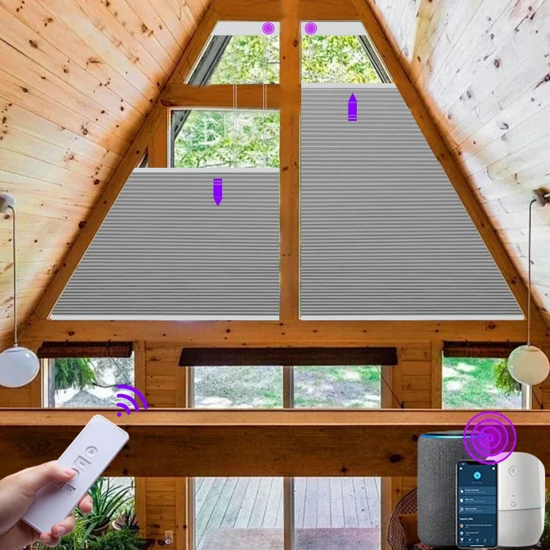

Custom Triangle Shades Ultraviolet Resistance Alexa App Wifi Control Motorized Honeycomb Cellular Shades For Irregular Windows