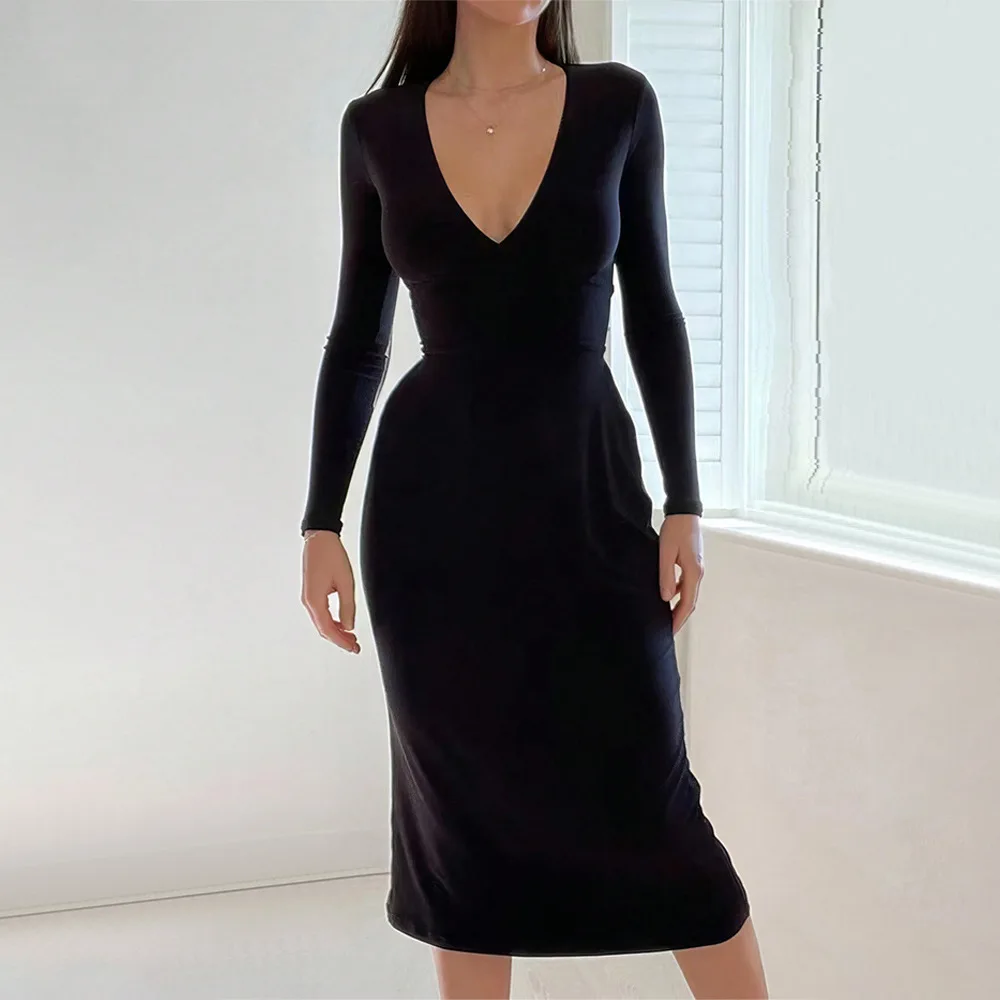Women Simple Solid Color V Neck Dress Spring Summer Waist Drawstring Adjustable Midi Dress