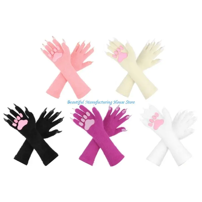 

E56A Halloween Silicone Gloves Lined Plush Pad Nails Furry Gloves Animal Cosplay Glove