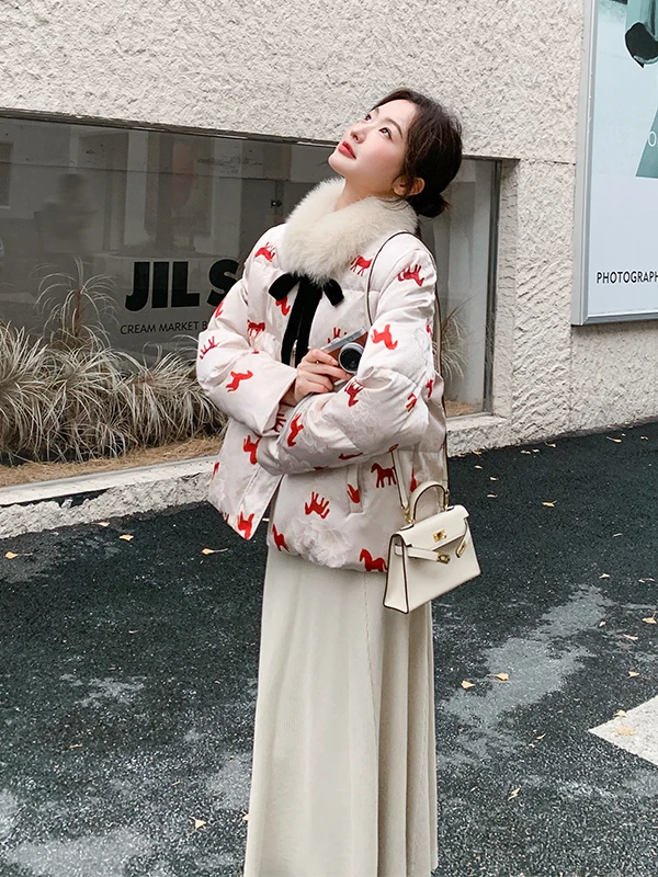 Novo Casaco de Inverno Feminino com Estampa Chinesa, Jaqueta de Plumas com Gola de Pele Quente e Design Elegante