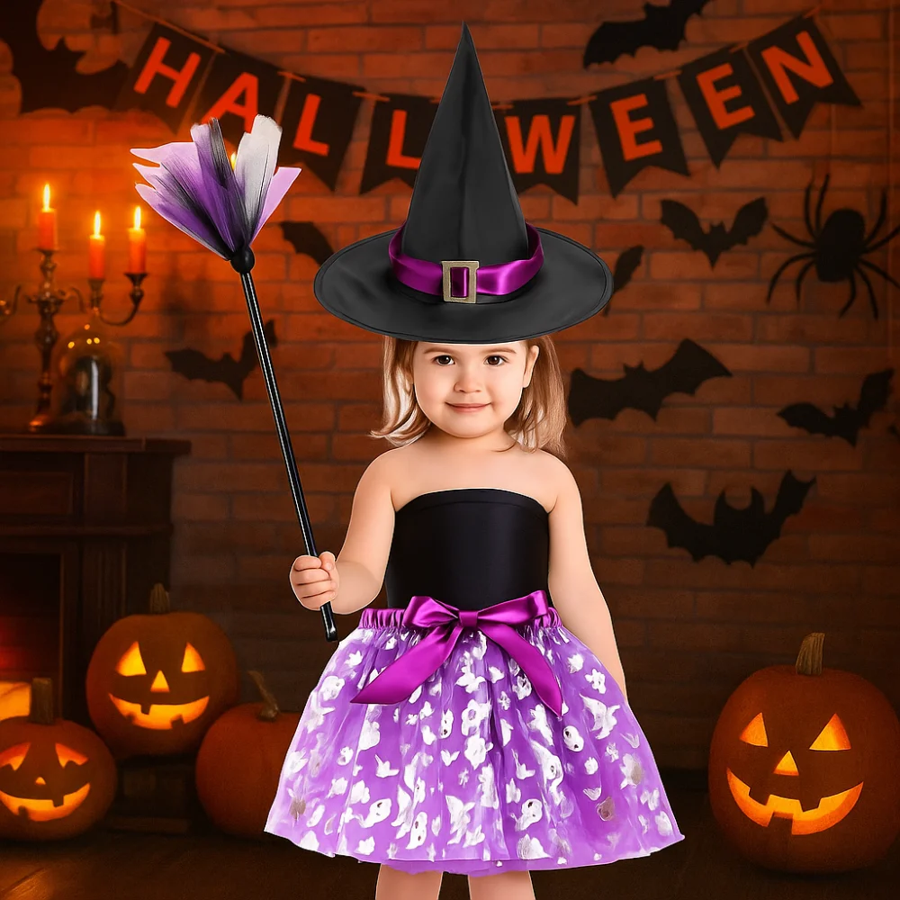 

3Pcs/set Wizard Childern Halloween Costumes Pointy Hat Bright Color Kids Witch Dress Set Costume Cosplay Props Broom