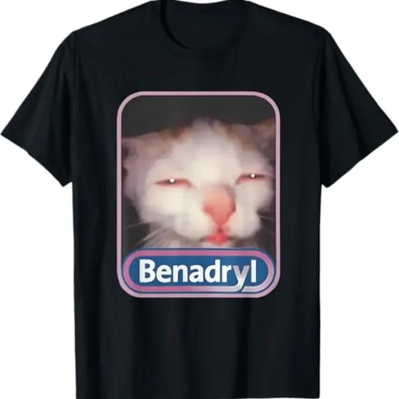 Benadryl Meme Cat Benny Funny Meme Print Top, Round Neck Streetwear Casual Wear Black Hoodie, Unisex