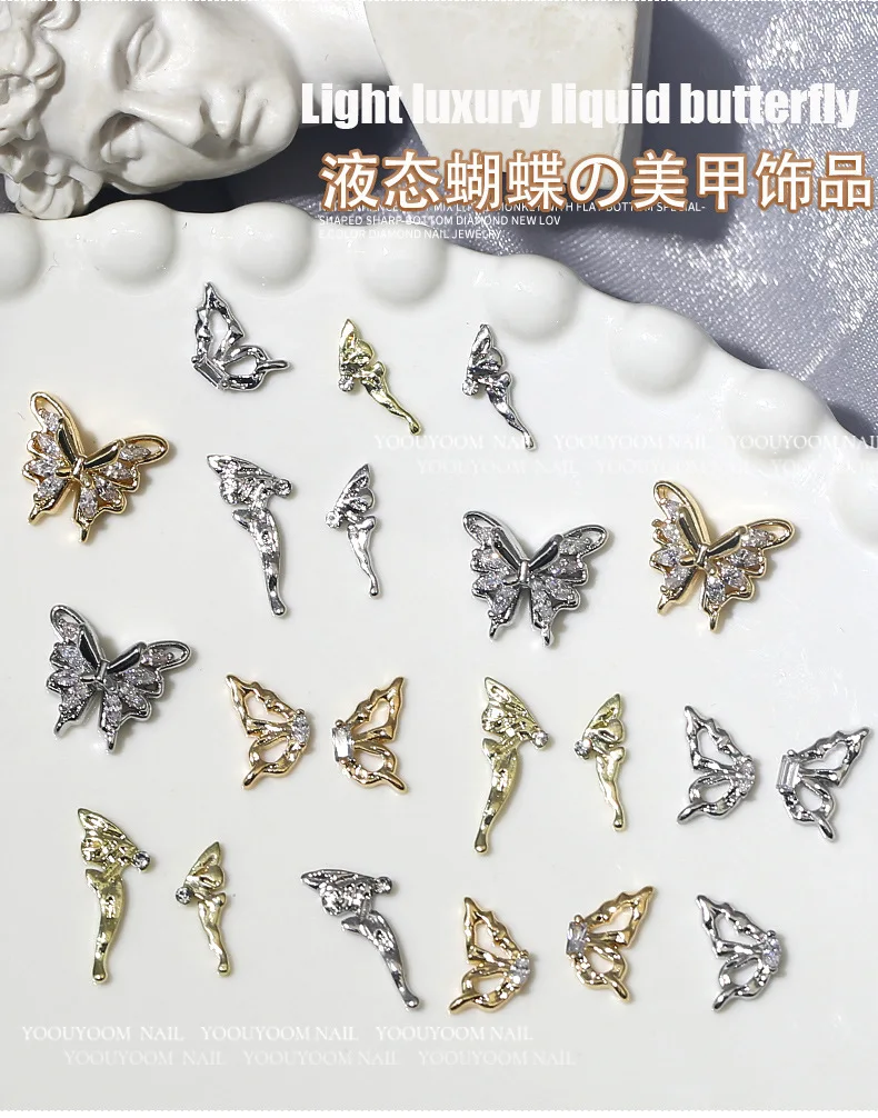 5 pz/lotto Liquid Butterfly Nail Enhancement zircone Jewelry Metal Splice Wing Light accessori per unghie stereoscopici di lusso all'ingrosso