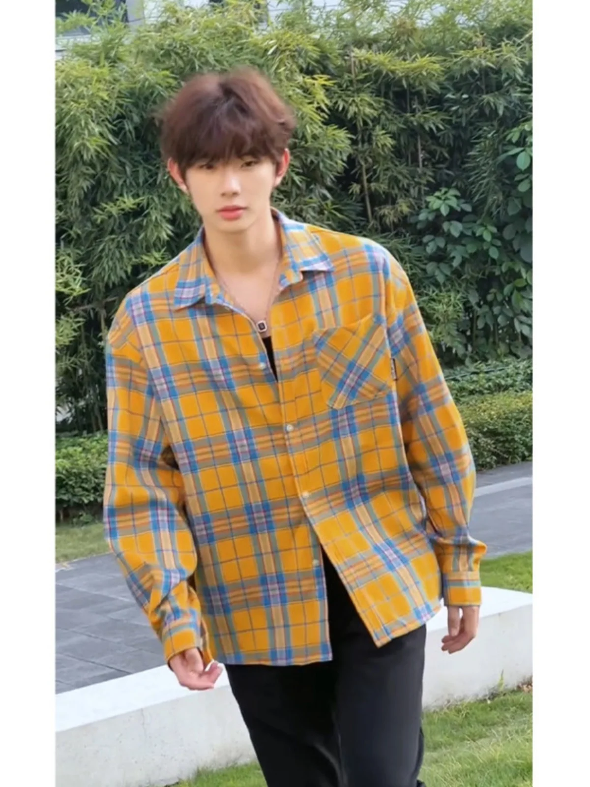 

Cleanfit Yellow Plaid Long Sve irt Men's High Street Sle Youthful Wearing Polyester Cotton Blend Autumn Wearable