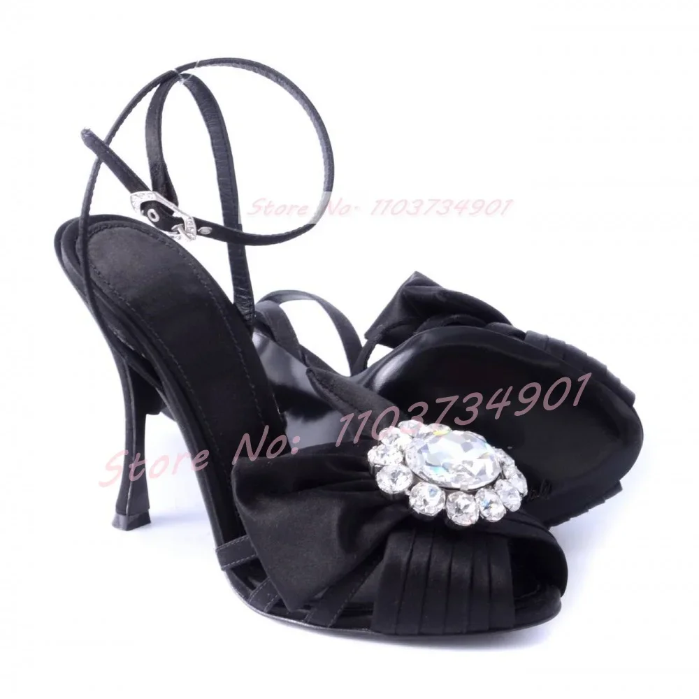 Crystals Pink Satin Caged Sandals Women Butterfly-knot Peep Toe Ankle Strap Leather High Heels Shoes Lady Classy Trendy Sandals