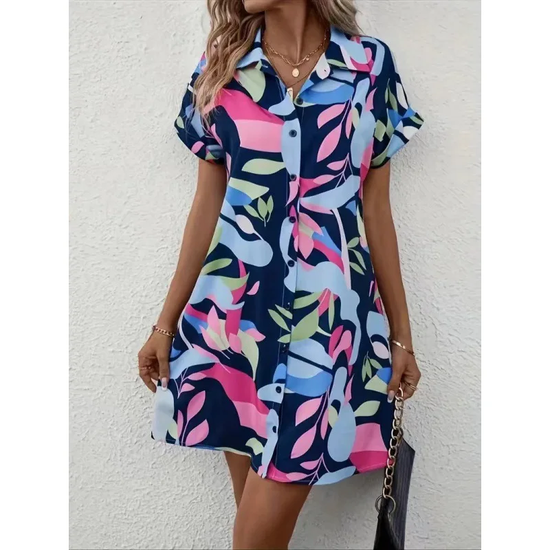 Vestido camisero de manga corta a la moda para mujer, vestidos informales con estampado de botones para oficina, camisetas largas 2024