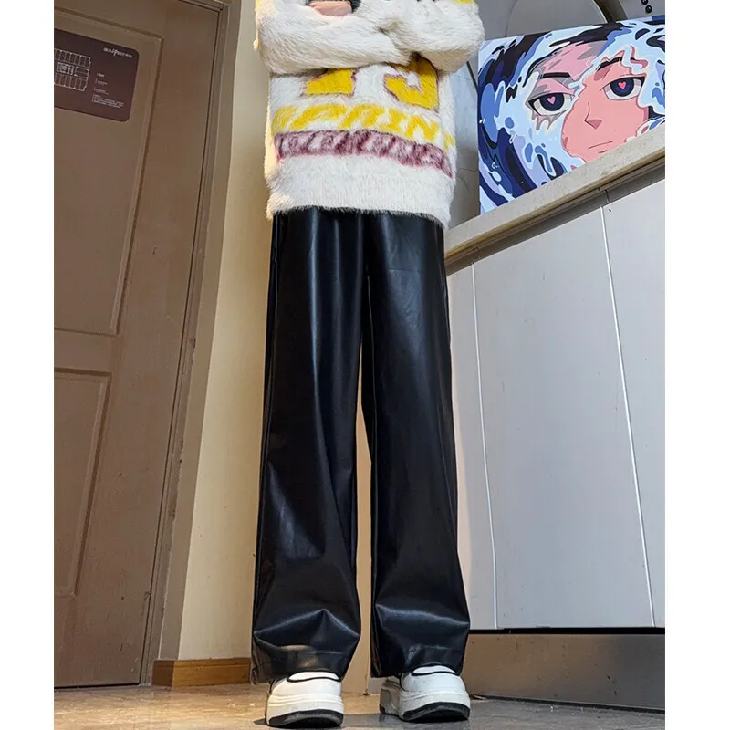 Black Leather Pants Men Casual Motorcycle Pants Men Streetwear Hip-hop Loose Wide Leg Pants Mens Brown Trousers Plus Size 5XL