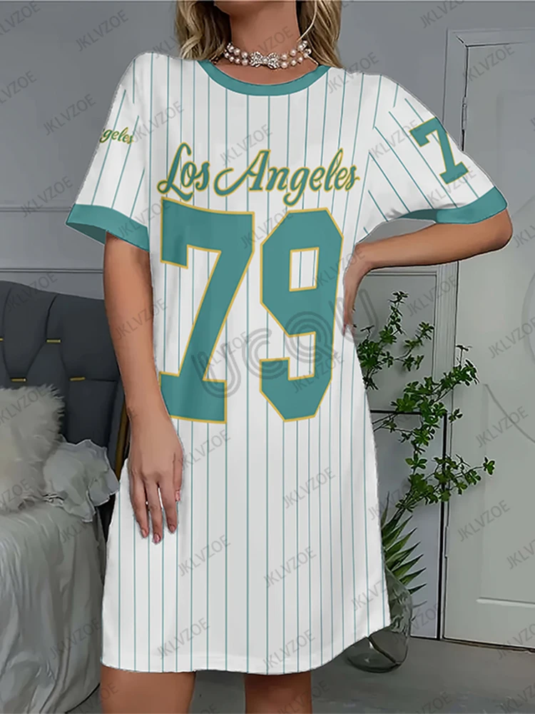 Nouveau Arriavl été rayure Los Angeles 79 imprimé femmes à manches courtes T-shirt robe Hawaii vacances décontracté sport mode robe