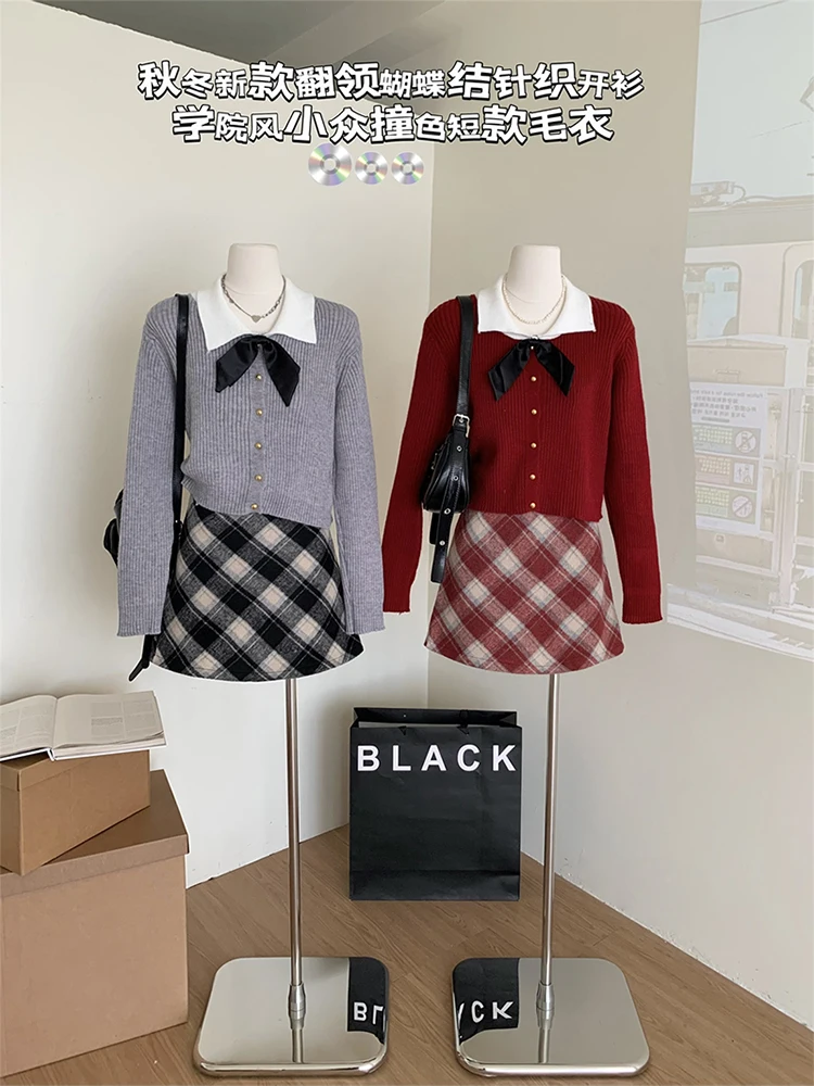 Preppy Style Outfits 2 Piece Skirt Set Japanese Fashion Bow Sweater + Plaid A-Line Skirt 90s Gyaru Coquette Korean Elegant Y2k