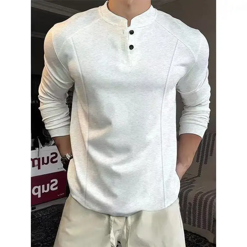 Men's Long Sleeve  Shirt Henry Collar Base Layer Shirt Shoulder Appropriate Spring Autumn Style Patchwork Design