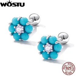 WOSTU Pure 925 Sterling Silver Natural Flower Turquoise Stud Earrings For Women s925 Studs Minimalism Party Jewelry Gift FNE601