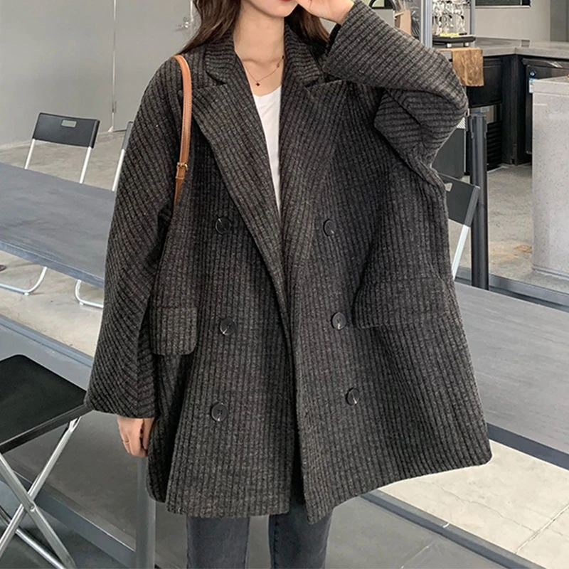 

Women's Plus Size Loose Fit Wool Blend Mid Long Coat Korean Style Thick Corduroy Trench Warm Autumn Winter New Arrival
