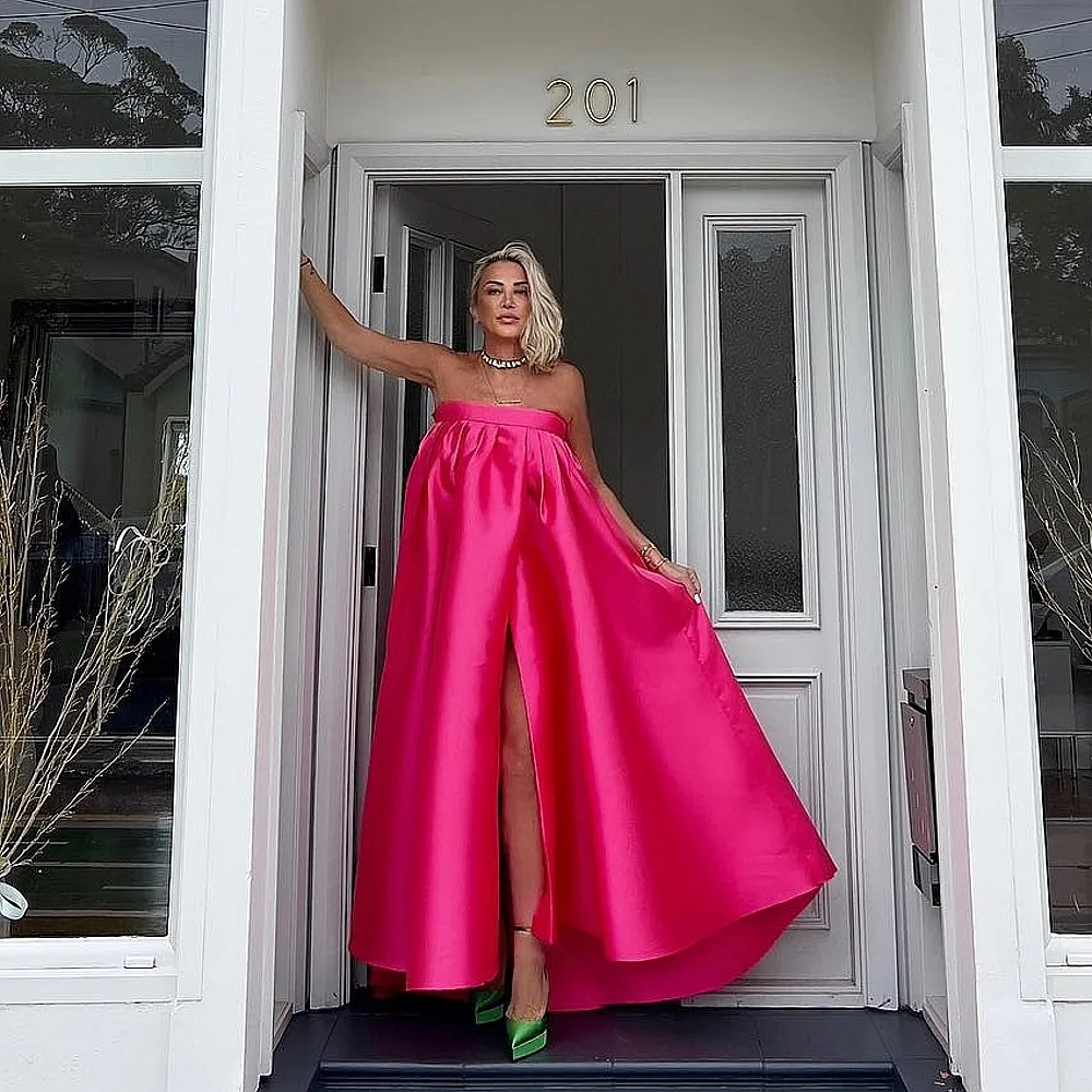 

Rose Red Prom Dresses Strapless Front Slit High Low Satin Celebrity Girls Birthday Gowns Women Holiday Party Gowns