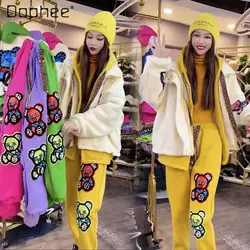 Korean Style Sport Pant Sets 2023 Winter Lamb Wool Beaded Bear Cotton Coat Fleece Padded Pants Two Piece Sets Womens Outifits